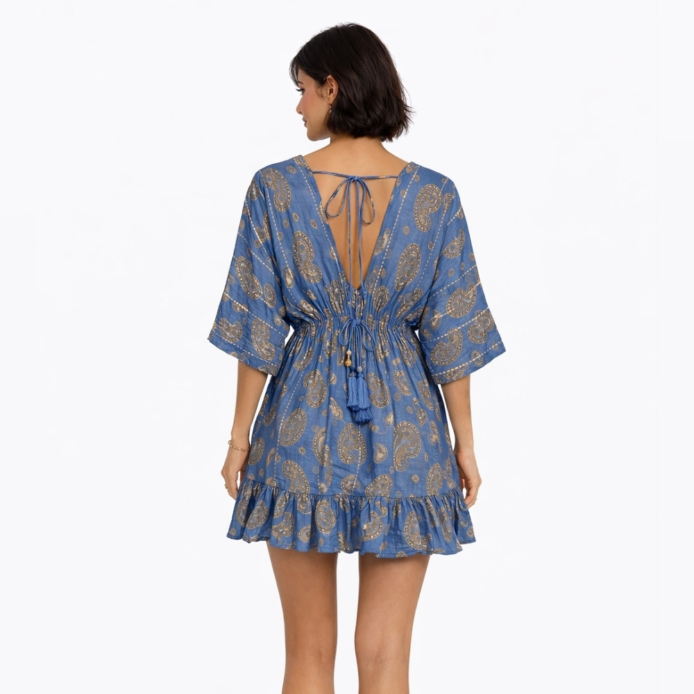Zury Embroidered Blue & Gold V-Neck Boho Mini Dress – One Size – NWT - Picture 2 of 7